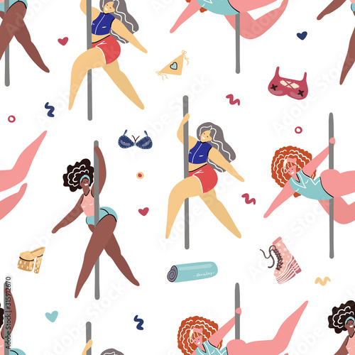 Vector cute seamless pattern with pole dance girls on a white background. Pole dance illustration for fitness, striptease dancers, exotic dance. Body positive