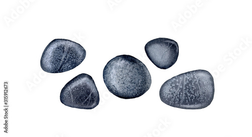 Watercolor stones in top view. Dark basalt round shaped stones. Spa and cosmetic products isolated on white background. Realistic illustration for beauty salon and Wellness center