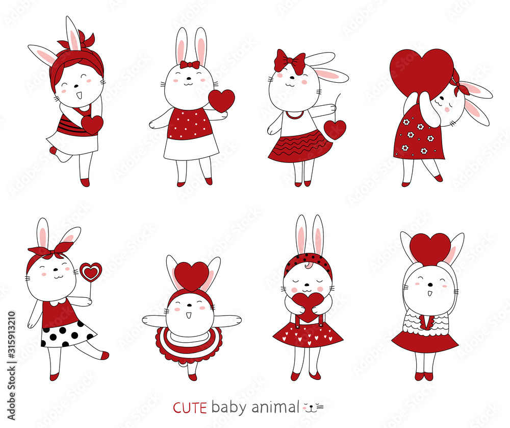 Cartoon sketch the lovely rabbit baby animals and heart. Valentines day with Hand drawn style.