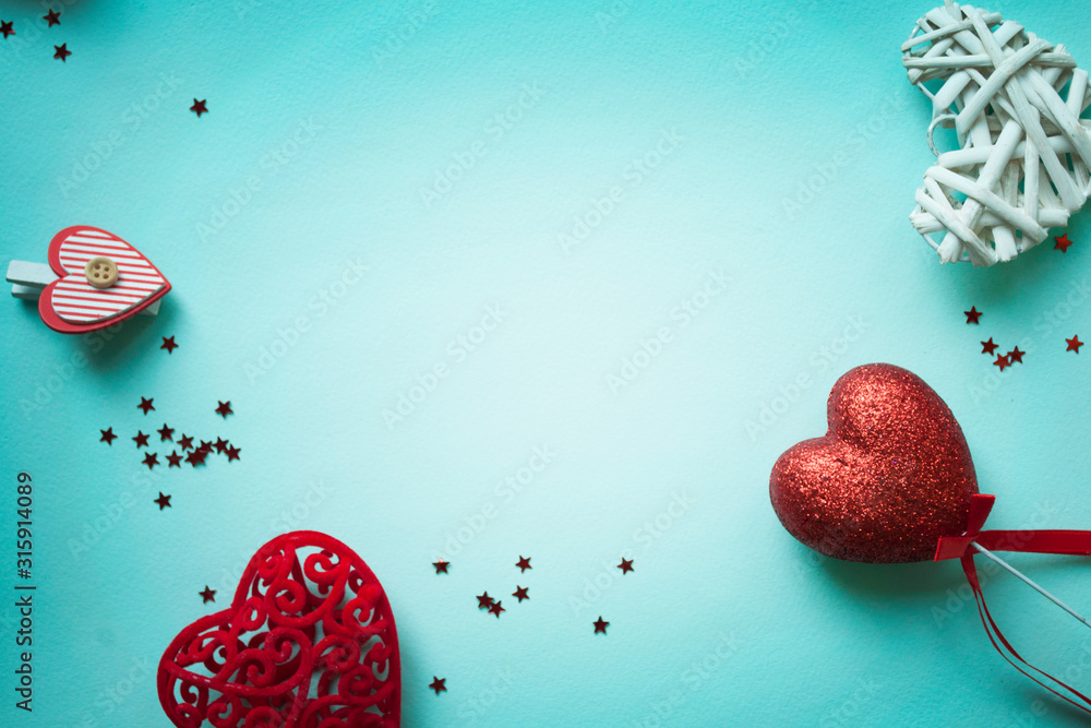 Valentines Day background. Red heart, gift box, ribbon shaped as heart - obrazy, fototapety, plakaty 