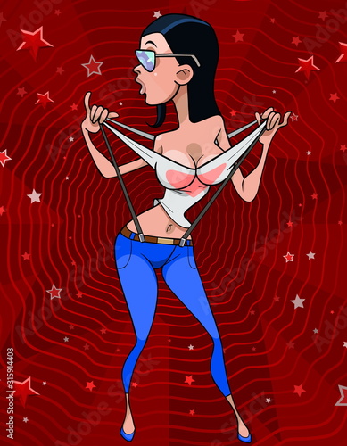 cartoon sexy woman in jeans with suspenders eccentricly dancing