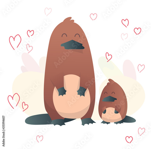 Two platypus stand upright. Animals mom and baby. Cartoons cute animals in flat style. Print for clothes. Vector illustration