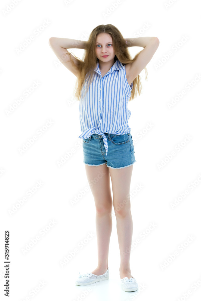 Schoolgirl, teenager girl studio photo in full growth. Isolated Schoolgirl, teenager girl studio photo in full growth. Isolated