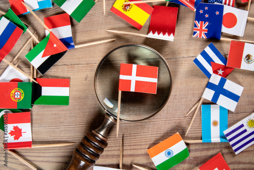 Fototapeta premium Flag of Denmark. Politics, economics, imports and exports concept