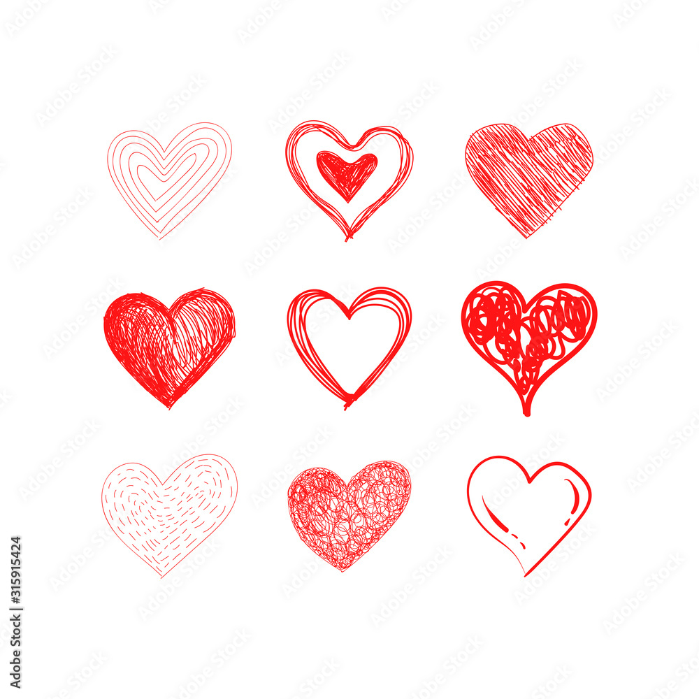 Hearts doodles collection. Symbol of love. Vector illustration.