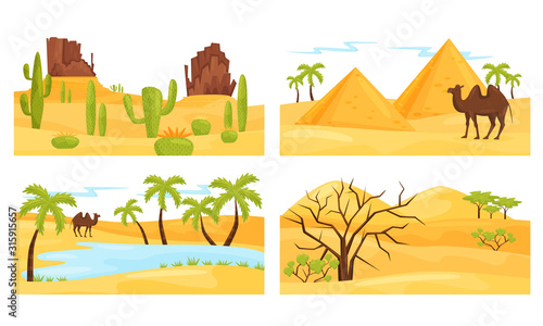Colorful Desert Landscapes with Camel and Rocky Mountains Vector Scenes Set