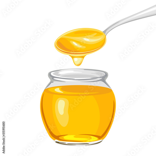 Honey in glass jar and dripping from  spoon isolated on white background. Vector illustration of natural sweets in cartoon flat style.