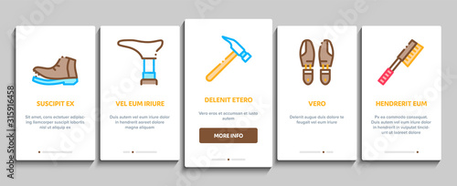 Shoe Repair Equipment Onboarding Mobile App Page Screen Vector. Shoes Repair Tools And Scissors, Sewing Machine And Hammer, Cream And Brush Concept Linear Pictograms. Color Contour Illustrations