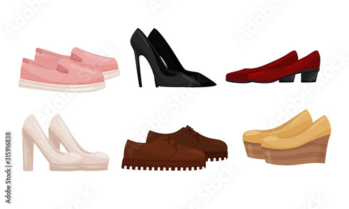 Male and Female Shoes Side View Vector Set. Casual and Formal Footwear