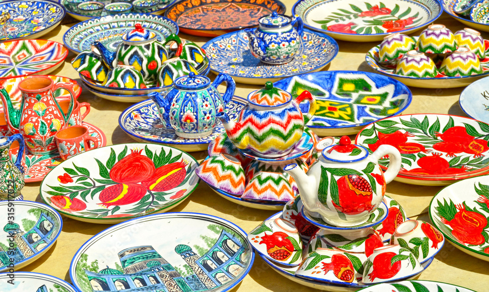Colorful handmade ceramic products from Uzbekistan