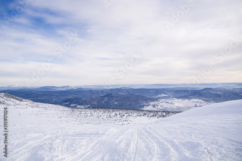 Panorama Sheregesh Mountains. Siberia Region. Ski resort.