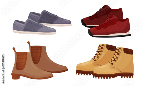 Male and Female Shoes Side View Vector Set. Casual and Formal Footwear