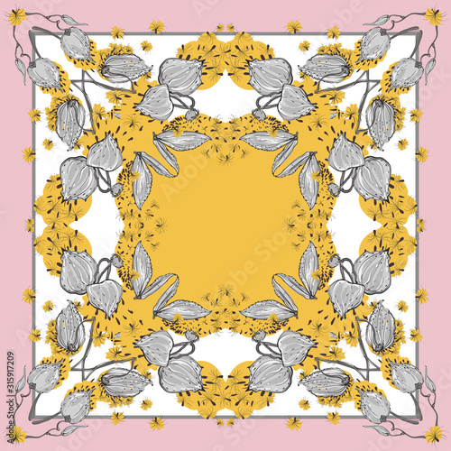 Delicate colors of silk scarf with flowering asclepias syriaca . Pink, yellow and white.
