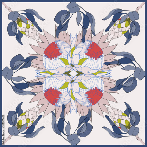 Colorful silk scarf with flowering proteas.