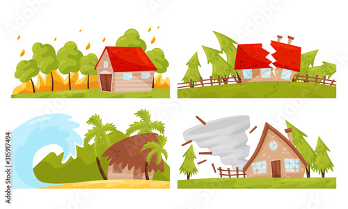 Natural Disaster with Forest Fire and Waterflood Vector Illustrations Set