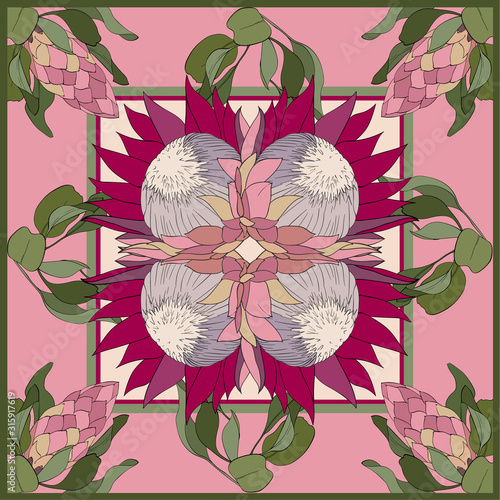 Colorful silk scarf with flowering proteas.