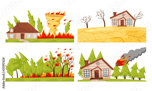 Natural Disaster with Forest Fire and Drought Vector Illustrations Set