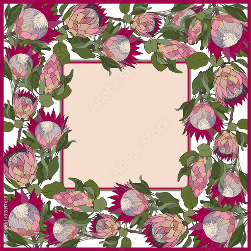 Colorful silk scarf with flowering proteas.