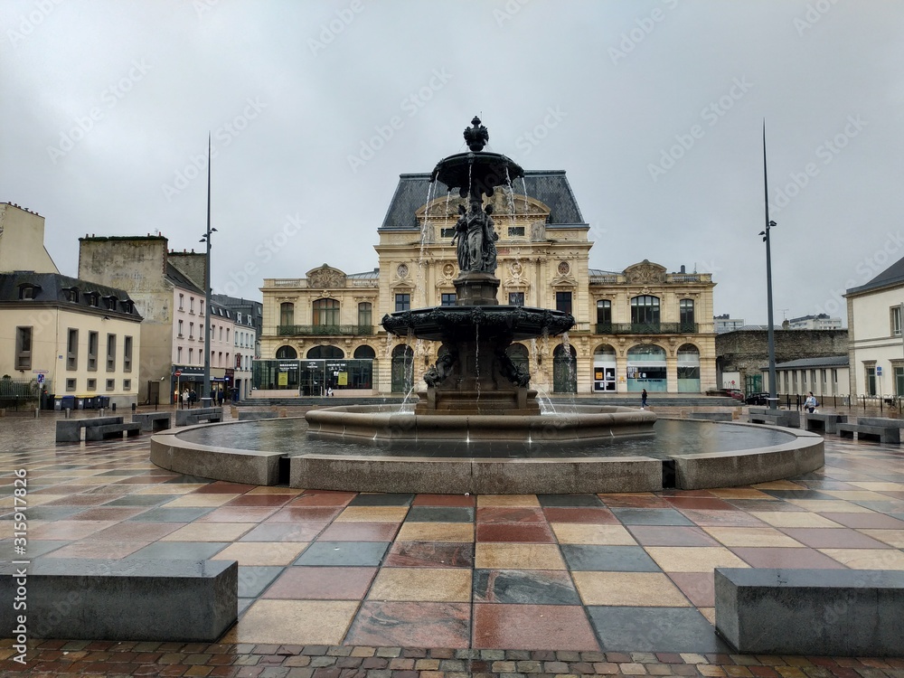 Casual view on the architecture and streets in Cherbourg, France at rainy weather