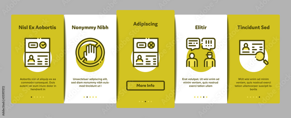 Passport Control Check Onboarding Mobile App Page Screen Vector. Scanning Passport And Stamp, Policeman And Book, Fingerprint And Document Concept Linear Pictograms. Color Contour Illustrations