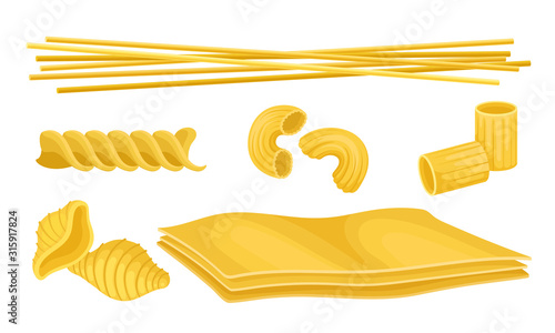 Shaped Pasta Vector Set. Uncooked Wheat Macaroni for Meal Preparation