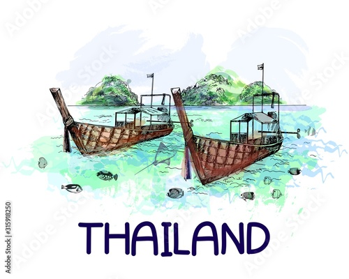 Poster card composition of Thailand themed hand drawn sketch style landscape with boats isolated on white background. Vector illustration.