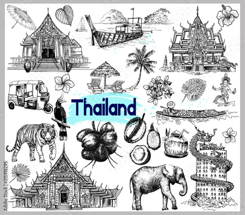 Set of hand drawn sketch style Thailand related objects isolated on white background. Vector illustration.