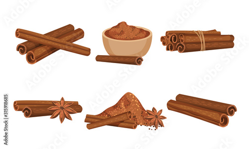 Cinnamon Sticks and Powdered Condiment Poured in Ceramic Bowl Vector Set