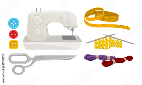 Supplies and Accessories for Sewing Isolated on White Background Vector Set
