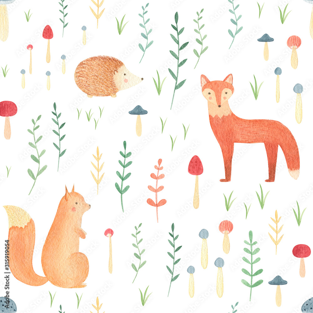 Woodland seamless pattern with watercolor hand drawn animals. Cute fox, squirrel, bear, rabbit with forest leaves and mushrooms on white background. Perfect summer print for kids, infants, nursery. Stock Illustration | Adobe