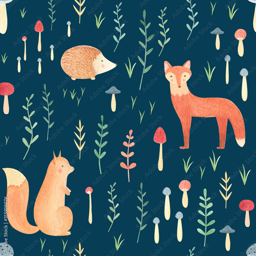 woodland-seamless-pattern-with-watercolor-hand-drawn-animals-cute-fox-squirrel-bear-rabbit-with-forest-leaves-and-mushrooms-on-dark-background-perfect-summer-print-for-kids-infants-nursery-stock-illustration-adobe
