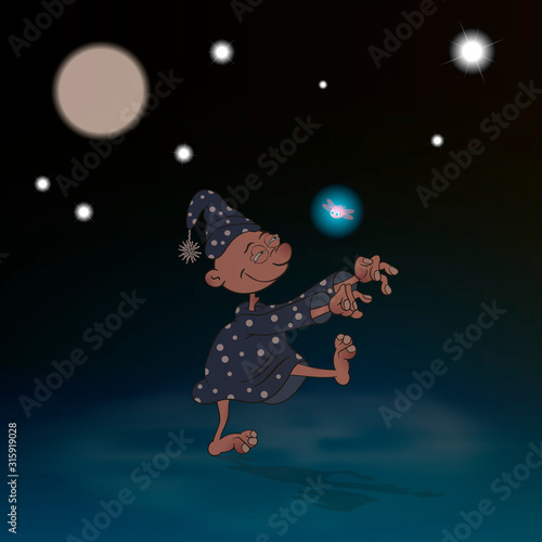 Cartoon character suffering from sleepwalking walks in a dream. Coloring vector illustration with color illustration.