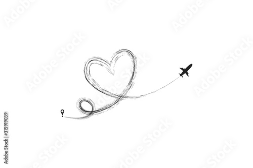 Plane and its track in the shape of a heart on white background. Vector illustration. Aircraft flight path and its route