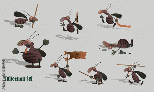 Cartoon cockroaches in different poses. Set of vector illustrations.