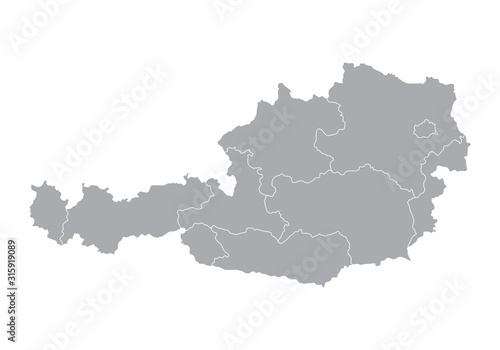 A gray map of Austria divided into regions