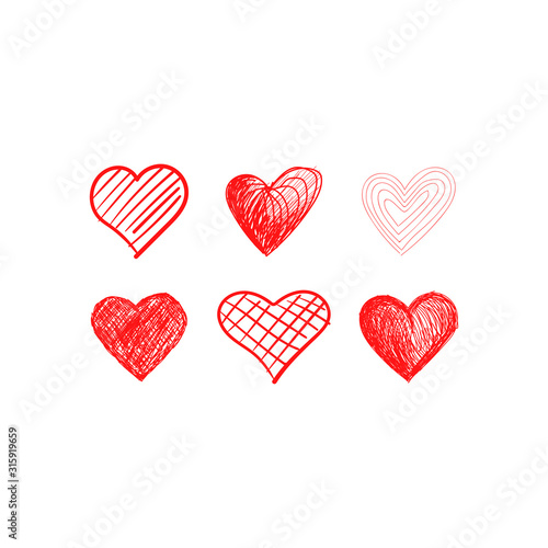 Hearts doodles collection. Symbol of love. Vector illustration.