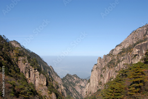 Huangshan Mountain in Anhui Province, China. A panoramic view of the North Sea or Bei Hai on Huangshan looking north to the plain. From a viewpoint near the Xihai Hotel on Huangshan Mountain, China.