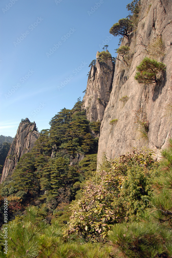 Huangshan Mountain in Anhui Province, China. Scenic view of mountain peaks, cliffs and trees in the West Sea or Xi Hai canyon on Huangshan. From the West Sea path on Huangshan Mountain, China.