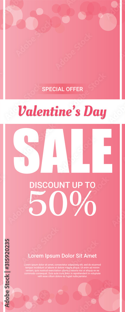 Valentines day sale vertical banner with simple concept on pink background. Vector. 