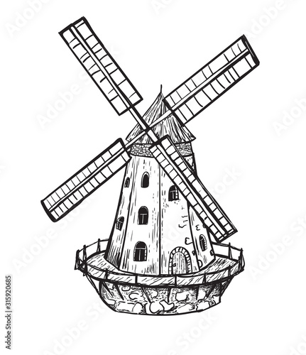 Windmill. Hand drawn sketch of mill. Engraving vintage style vector illustration.