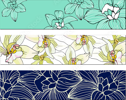 Set of floral bookmarks with white and contour flowers for layout, corporate identity and design. Realistic vector illustration of tropical flowers.