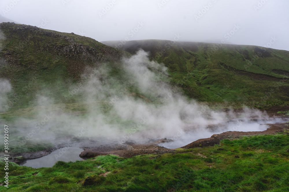 Steamy field by the hot river in Reykjadalur