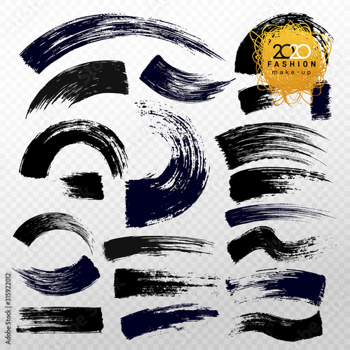 Set of mascara eyelashes brush stroke. Black hand drawn lash scribble texture. Mascara swatch cosmetic makeup design. Vector illustration. Isolated on transparent background.