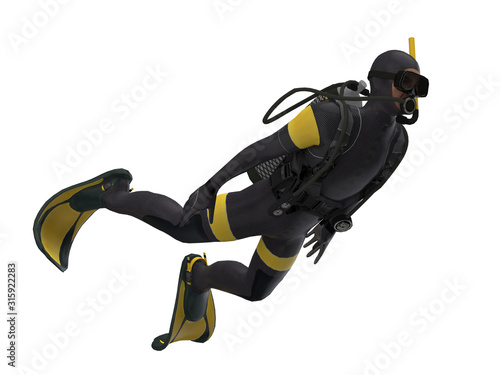 Diagonal view of isolated scuba diver white background ready cutout 3d rendering photo