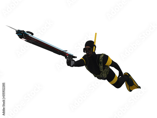 Diagonal view of  isolated diver with speargun hunting. White background ready cutout 3d rendering photo