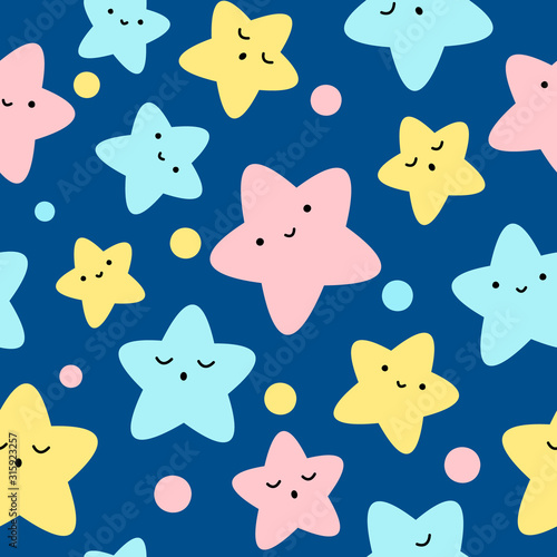 Multicolor stars, cute seamless pattern for babies, kids print. Vector illustration on classic blue background.