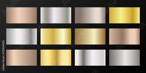 Silver, platinum, bronze, pink gold vector metallic gradients.