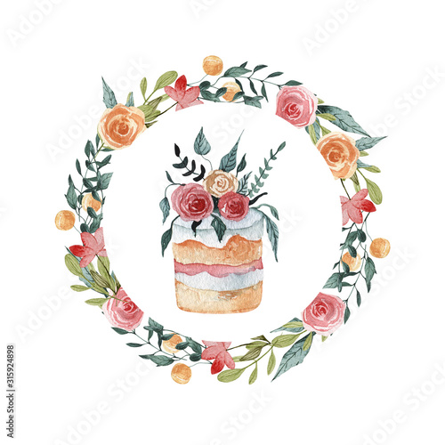 Floral card. Spring Easter floral illustration circleframe. Wedding cake dessert. Summer garden flowers pink rose collection photo