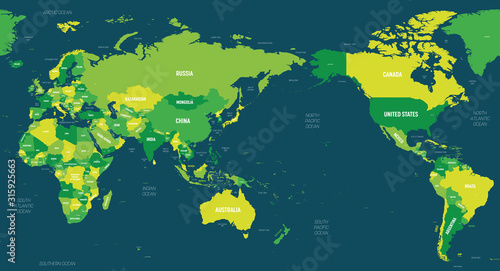 World map - Asia, Australia and Pacific Ocean centered. Green hue colored on dark background. High detailed political map of World with country, capital, ocean and sea names labeling