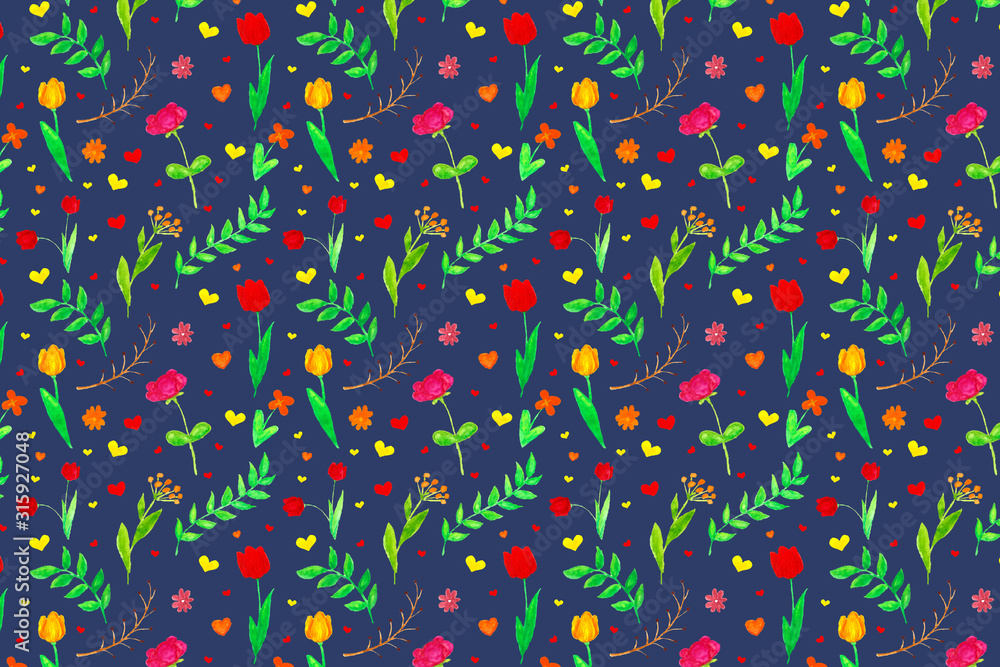 Bright blue background with flowers and leaves Bright blue background with flowers and leaves